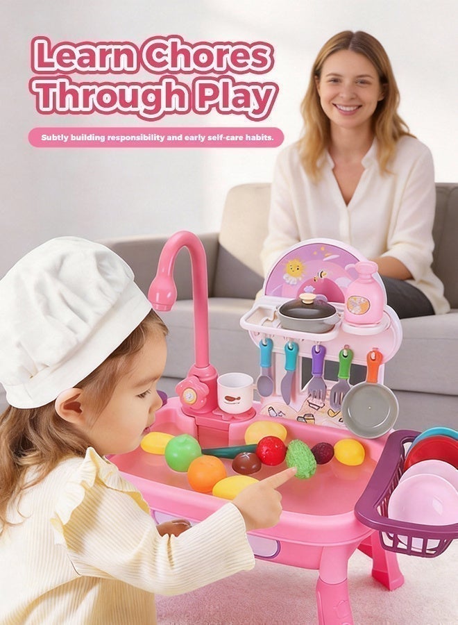 أرابايت مجموعة ألعاب مطبخ متينة مكونة من 34 قطعة مع محرك محسّن وميزة تدفق المياه، لعبة لعب أدوار غسالة أطباق أوتوماتيكية للأطفال تدوم طويلاً (وردي) - Image 4